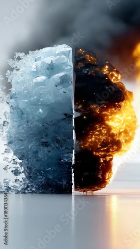 Elements of water and fire collide in an artistic portrayal. Watch as ice melts and fire ignites, blending opposites in a powerful display of nature's forces.