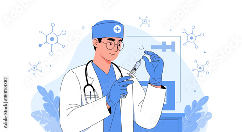 Medical Professional Preparing Vaccine, Healthcare, Healthcare worker, Vaccination, Vector