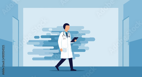 Medical Professional Progressing Through Hospital Corridor Towards a Healthcare Destination