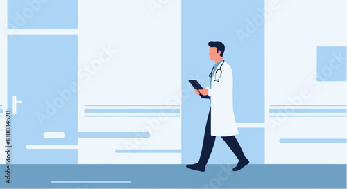 Medical Professional Progressing Through Clinic Hallway Holding Examination Documents Illustration