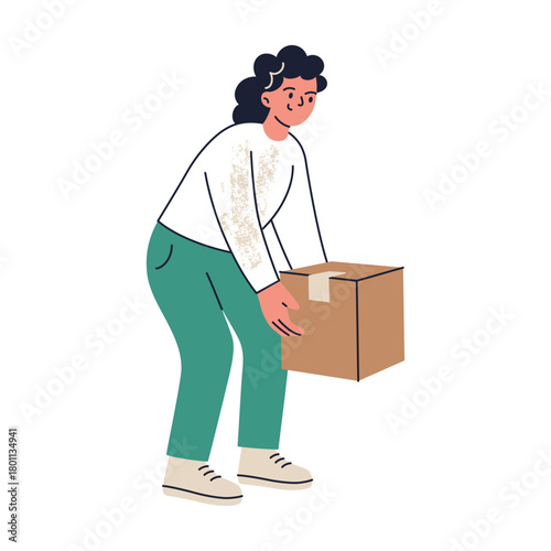 Vector illustration flat cartoon scene with woman lifting cardboard box, moving day, storage and delivery context, parcel shipping, home relocation and transport workflow for logistics presentations