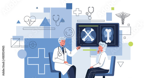 Medical Professionals Discussing X-Rays With Modern Hospital Theme and Illustration