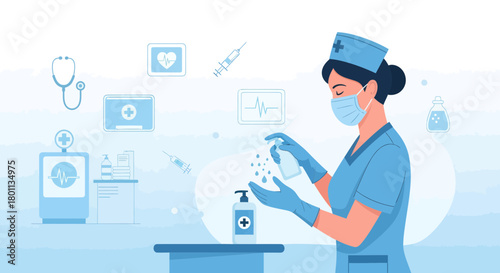 Medical Professional Sanitizing, Healthcare Worker Prepares Against Infection With Disinfectant