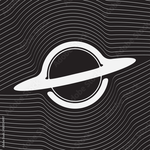 Vector minimalist logo with black hole or planet with rings and gravity waves on the theme of space, astronomy, astrophysics and universe. T-shirt design, logo, label. Not used aI
