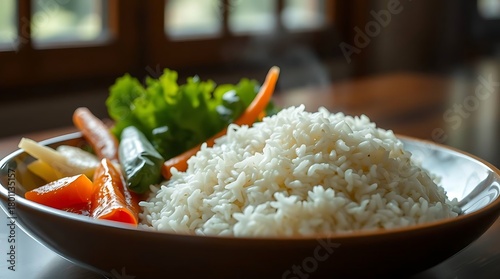 A photorealistic, still-life composition of a traditional Asian meal, focusing on the glossy sheen of rice and the crispness of vegetables, lit by soft window light