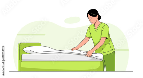 Woman Making Bed In Bright Green Bedroom, Comfort And Wellbeing Concept Illustrated
