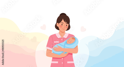 Woman Holding a Swaddled Newborn Baby with A Pastel Backdrop Illustration