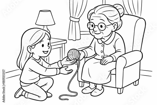 Children's coloring book - The girl picks up the fallen ball and gives it to her grandmother  
