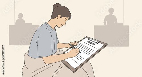 Woman Signing Consent Form at Office Under Dim Lighting in Graphic Illustration Style