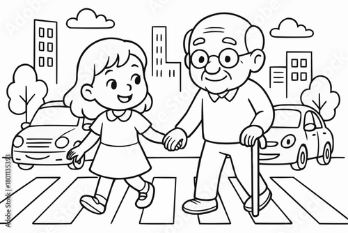 Children's coloring book - Young girl holding hands with elderly man while crossing street  