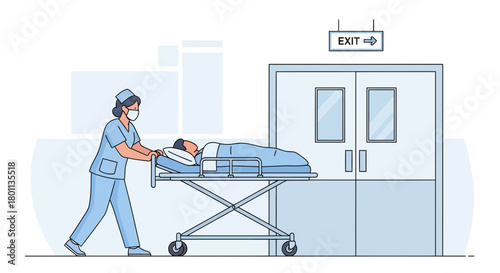 Medical Professional Transporting Patient On Stretcher To Hospital Exit Door, Safety And Health