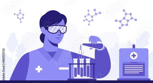 Woman Chemist Conducting Experiment in Laboratory Amidst Molecular Structures Illustration