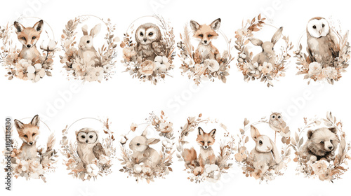 Watercolor woodland animal portraits in floral wreaths featuring fox, rabbit, owl, bear, and deer, neutral boho palette, perfect for nursery wall art, invitations, and branding.