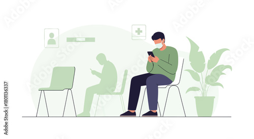 Patient Awaits And Wears Mask While Using Phone In The Clinic Waiting Area