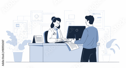 Patient Consultation With Receptionist In A Medical Clinic, Healthcare Illustration