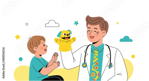 Pediatrician Entertaining Young Patient With Hand Puppet During A Medical Examination