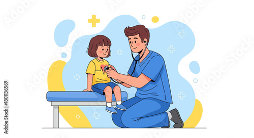 Pediatrician Examines Young Girl's Heart Using Stethoscope in a Medical Treatment Setting