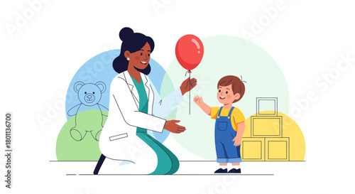 Pediatrician Offers Balloon To Cheerful Child In A Playful And Joyful Medical Environment
