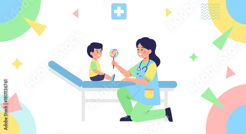 Pediatrician Offers Confectionery, Child Appreciates Visit, Medical Checkup, Smiling Patient