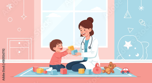 Pediatrician Playing With Child: Colorful Illustration of Doctor and Boy Having Fun Together
