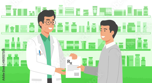 Pharmacist Handing Prescription To The Patient In The Drug Store With Green Tones