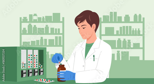 Pharmacist Preparing Medications in Modern Pharmacy Offering Healthcare Solutions For People
