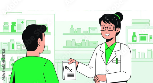 Pharmacy Interaction: Pharmacist Providing Prescription to Patient Within a Retail Setting