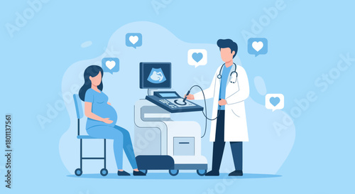 Pregnant Woman Undergoes Medical Ultrasound Examination with a Doctor in Soft Pastel Tones