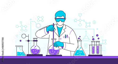 Scientist Conducting Laboratory Experiment with Flasks and Chemical Reactions Illustrated