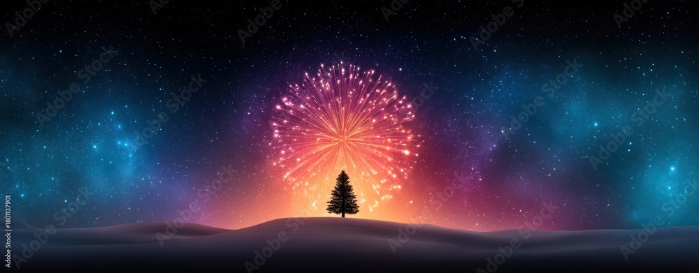 Obraz premium A vibrant fireworks display illuminates a winter landscape, highlighting a solitary Christmas tree against a starry night sky.
