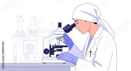 Scientist Examining Specimen Under Microscope In Laboratory With Experimental Equipment