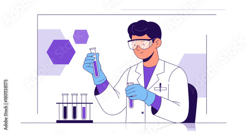 Scientist Performs Research Experiments in a Laboratory with Chemical Samples and test Tubes
