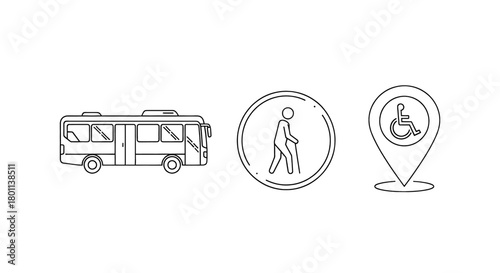 Accessible public transportation symbols: bus, elderly pedestrian, and wheelchair accessible location marker.
