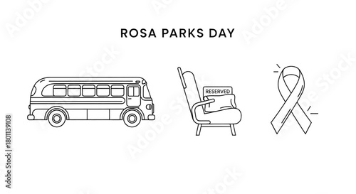 Honoring Rosa Parks Day with symbols of civil rights, a bus, an empty seat, and a ribbon.