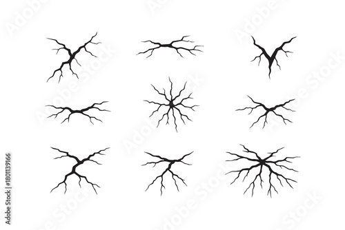 Vector black crack set collection, broken floor texture, earthquake ground crash on white design. Damaged dry soil, cement split background, surface broken cleft