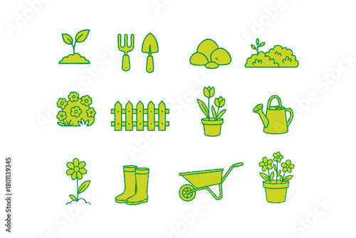Spring garden equipment nature vector hand drawn crayon style icon set with bloom bushes, flowerpots, fence, seedling, stone. Summer agriculture rural backyard objects cartoon isolated collection