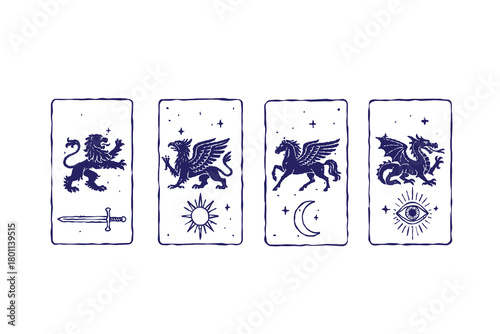 Vintage Medieval heraldic fantasy beasts card hand drawn, linocut magic dragon print, engraving mythology animal silhouette. Royal knight European folklore illustration set, griffin, lion, pegasus