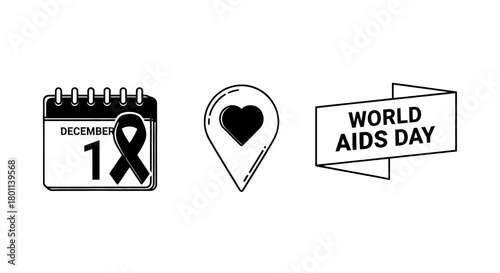 Calendar marking December 1st with AIDS ribbon, heart location pin, and World AIDS Day banner