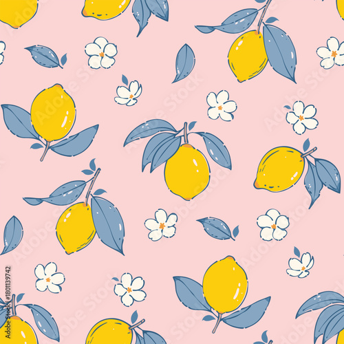 lemon flower pattern, fruit seamless. Small little flower on pink background. wallpaper pattern. cottage core style, Hand drawn design for fashion, fabric, packaging, stationary, textile, print