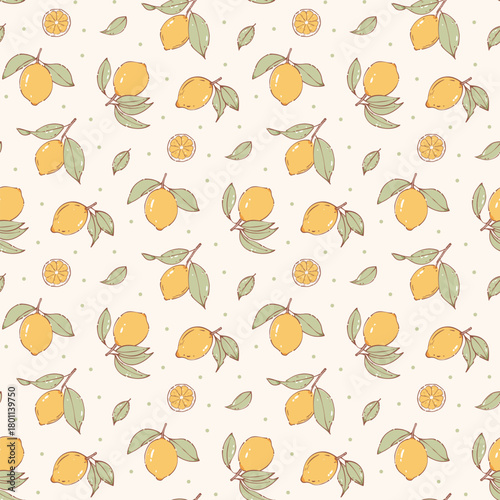 lemon pattern, fruit seamless. Small little lemon on light  background. wallpaper pattern. cottage core style, design for fashion, fabric, packaging, stationary, textile