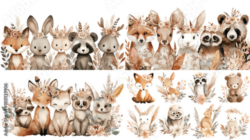 Cute watercolor woodland animals clipart set with fox, bunny, raccoon, bear, and deer, neutral nursery palette, isolated on white for kids decor, invitations, and stickers.