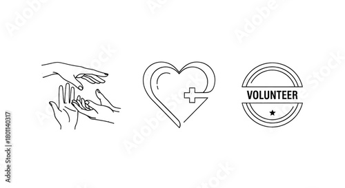 Hands offering support, a heart with a plus symbol, and a "Volunteer" stamp