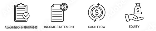 Financial Statement Line Icon Set For Web Banner. Vector Illustration Concept With Some Icons. Designed In Line Style