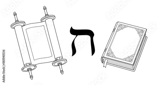 Sacred texts from Judaism and Islam alongside a Hebrew letter, representing religious study and heritage.