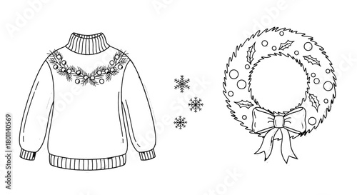 Cozy winter sweater and festive Christmas wreath with snowflakes