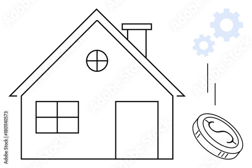 House with basic design, a coin, and two gears suggesting homeownership, investment, real estate, economy, financial growth system efficiency improvement. Ideal for housing market concept. Simple