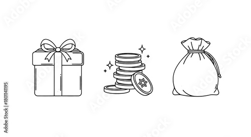 Festive gift box, sparkling coins, and a drawstring money bag representing wealth and celebration.