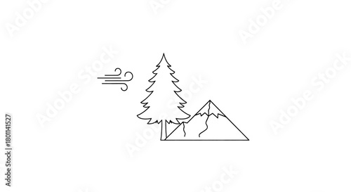 Stylized illustration of a lone pine tree against a windy mountain landscape.