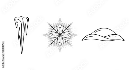 Simple line art icons of winter elements: icicles, snowflake, and snowdrift