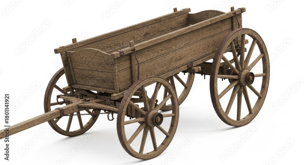 Fototapeta premium Vintage Wooden Wagon Isolated on White Background, Cart, Carriage, Old